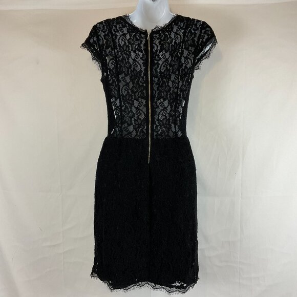 Babaton Lace Dress 2 Black Short Sleeve V-Neck Sheer Back Pockets - Picture 7 of 13
